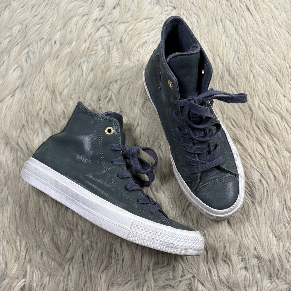 Converse Lunarlon Women's 7.5 Leather Metallic Green Gray High Top Sneakers